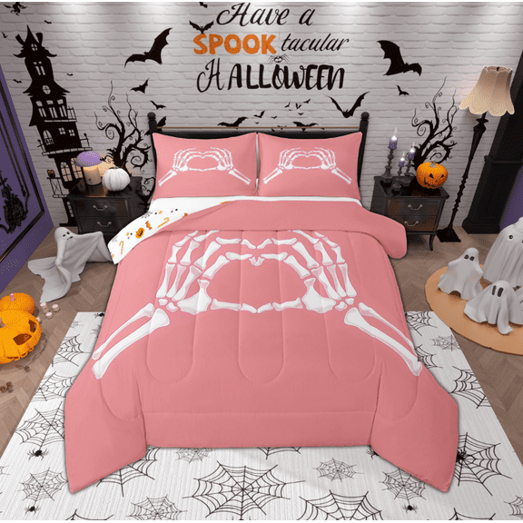 Manfei Skeleton Hand Teens Bedding Comforter Set, Romantic Love Heart Twin Comforter Sets, Sugar Gothic Halloween Reversible Bedding Set, Luxury Bedroom Decor, 2 Pieces