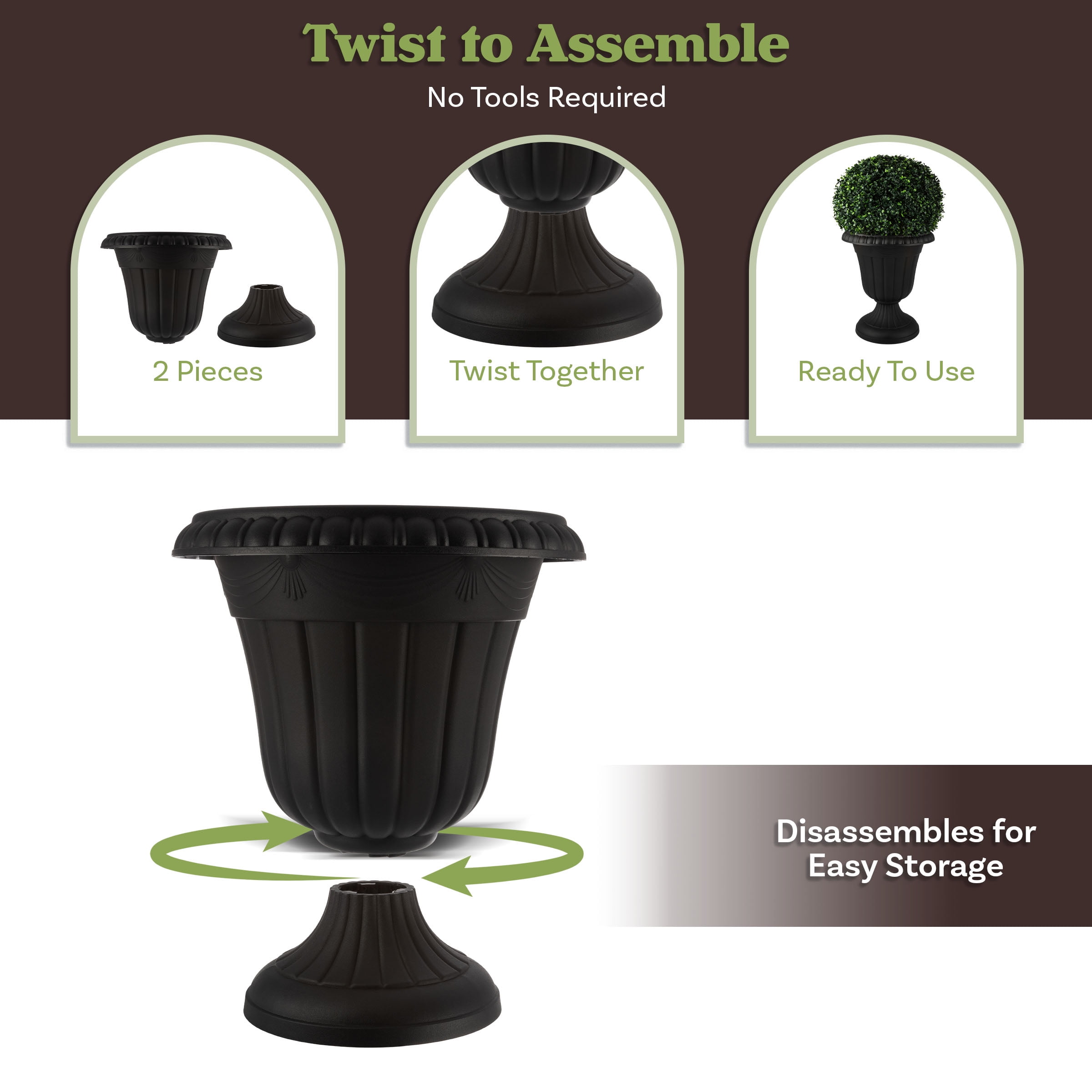 Pure Garden 16x18-Inch Outdoor Planter 2-Pack - Plastic Urn Planters, Black