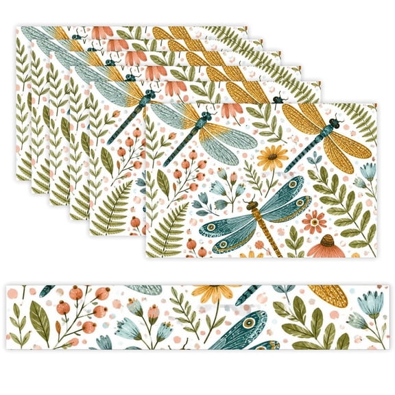 7 Piece Linen Table Runner and Placemats Set, Dragonflies Garden Floral Round Corner Heat Resistant Washable Table Mats for Home Kitchen Dining Party Decoration