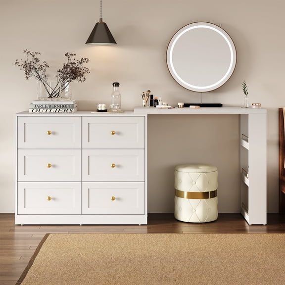 Cozy Home Makeup Vanity Desk With 6 Drawers, Corner Vanity Table with 3 Shelves - White