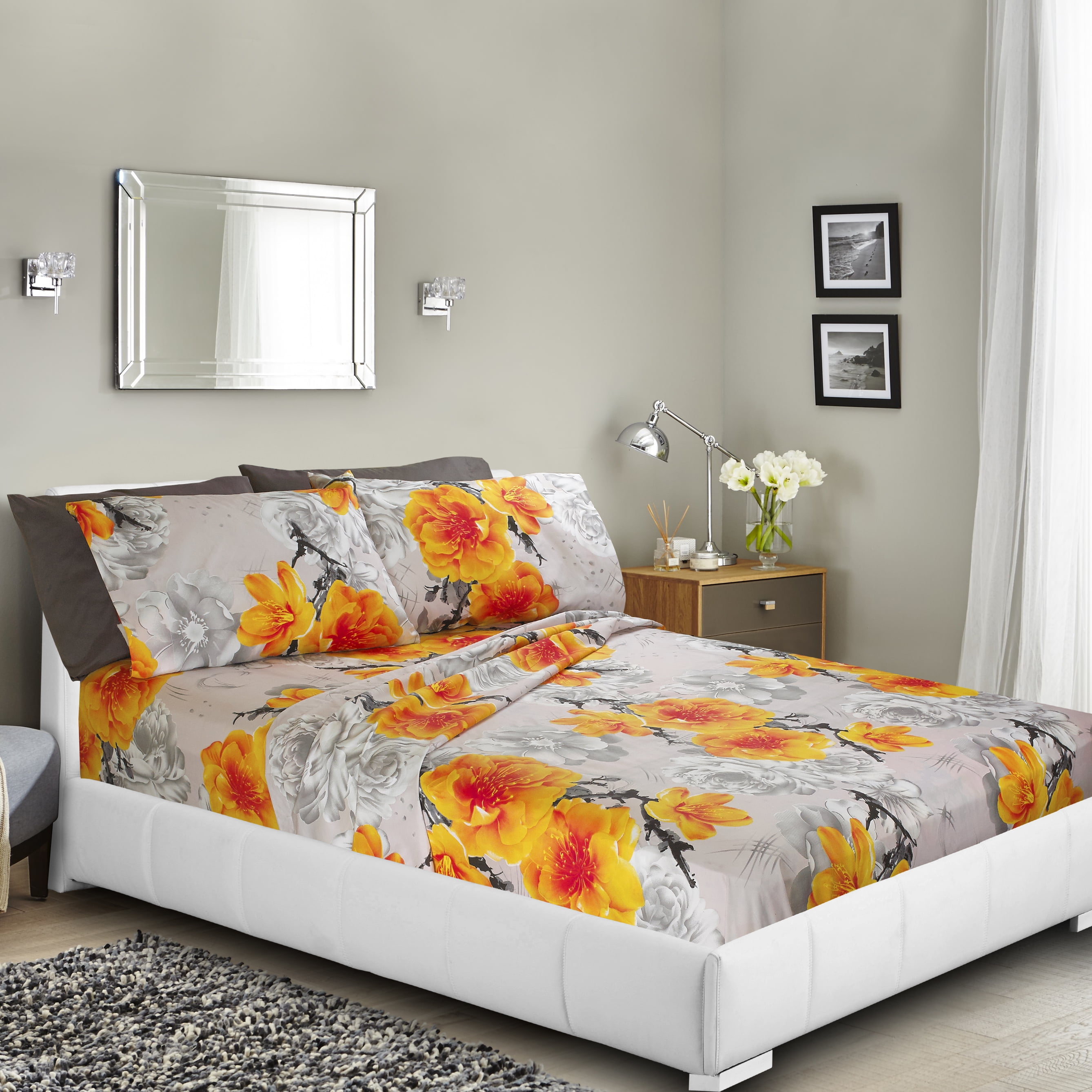 Printed Bed Sheet Set, Twin - Yellow Flower - By Clara Clark, 4 Piece