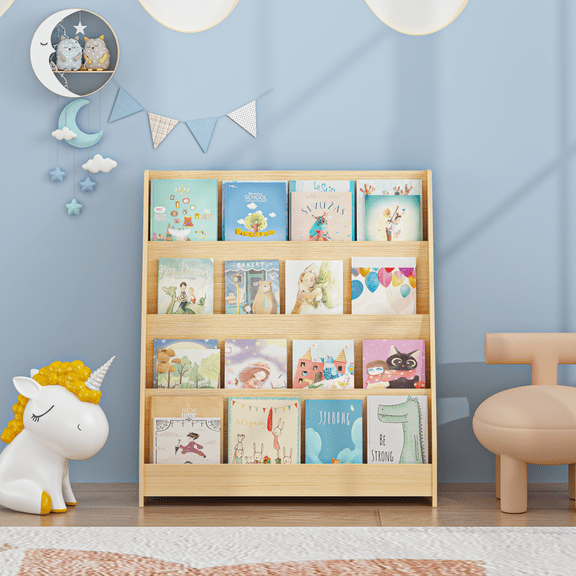 4-Tier Kids Bookshelf, Toddler Book Display Shelves, Helps Keep Bedrooms, Playrooms, and Classrooms Organized, Natural