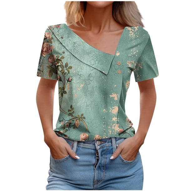 Top de Verano Mujeres Cuello en V Casual Top de Manga Corta, Ligera Primavera Y Blusa de Verano para las Mujeres