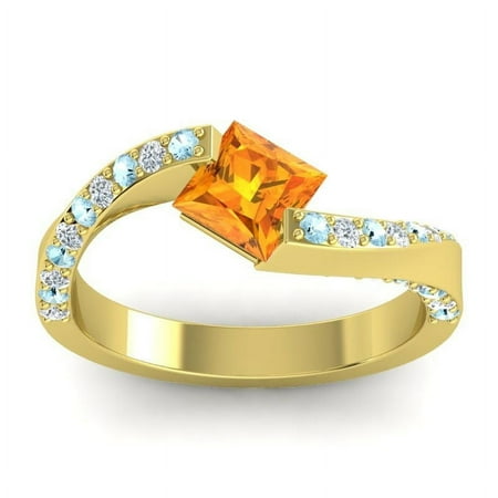 Diamond-Capitals 1.20 Carat Latest Design Natural Diamond Citrine & Aquamarine Gemstone Engagement Ring for her Solid 14K Yellow Gold Size 7