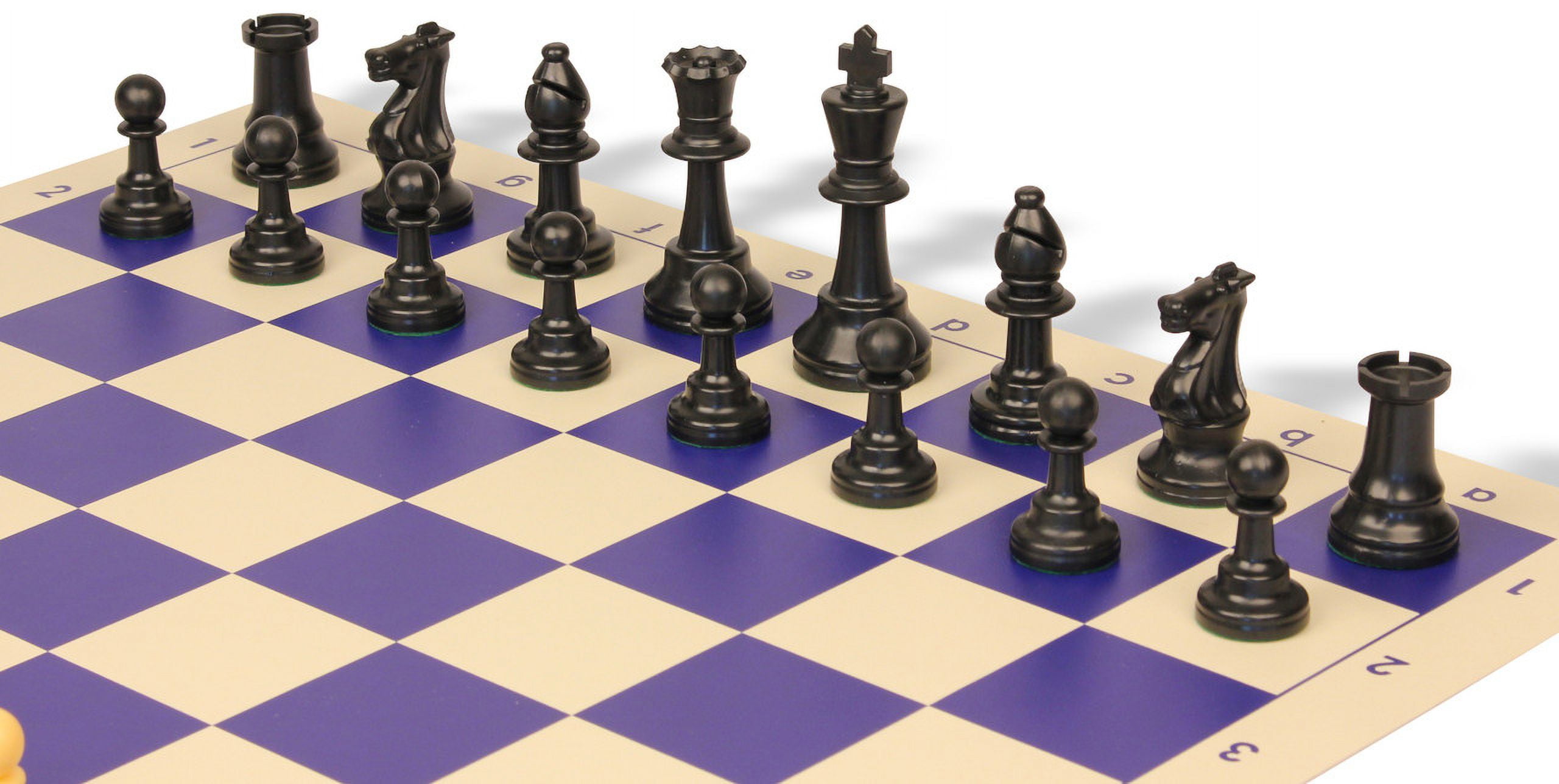 Standard Club Easy-Carry Plastic Chess Set - Black & Camel Pieces with Vinyl Rollup Board - Blue
