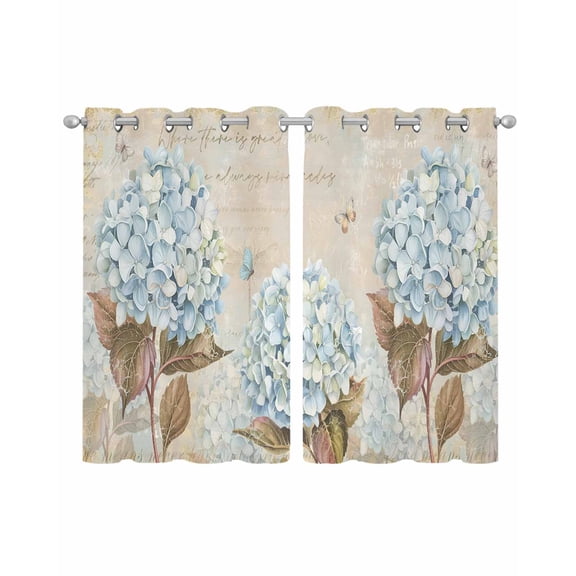 Blue Hydrangea Sheer Curtains 39 Inch Length 2 Panels Set for Living Room/Bedroom, Flowers Leaves Butterfly Retro Khaki Kitchen Curtains Grommet Semi-Sheer Curtains Window Treatments 27.5"x39"x2