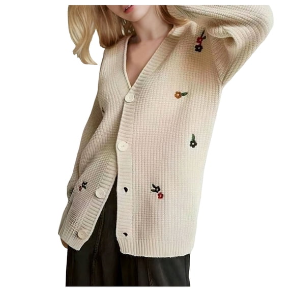 Cute Cardigans Women Floral Embroidery Ribbed Knitted Long Sleeve Casual V Neck Light Weight Cardigan