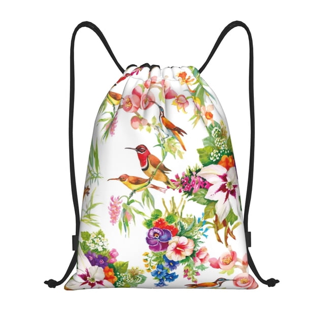 Saiise Birds And Flowers Pattern Sports Drawstring Backpack - String Swim Gym Bag with Wet Proof Pocket for Women&Men-Medium