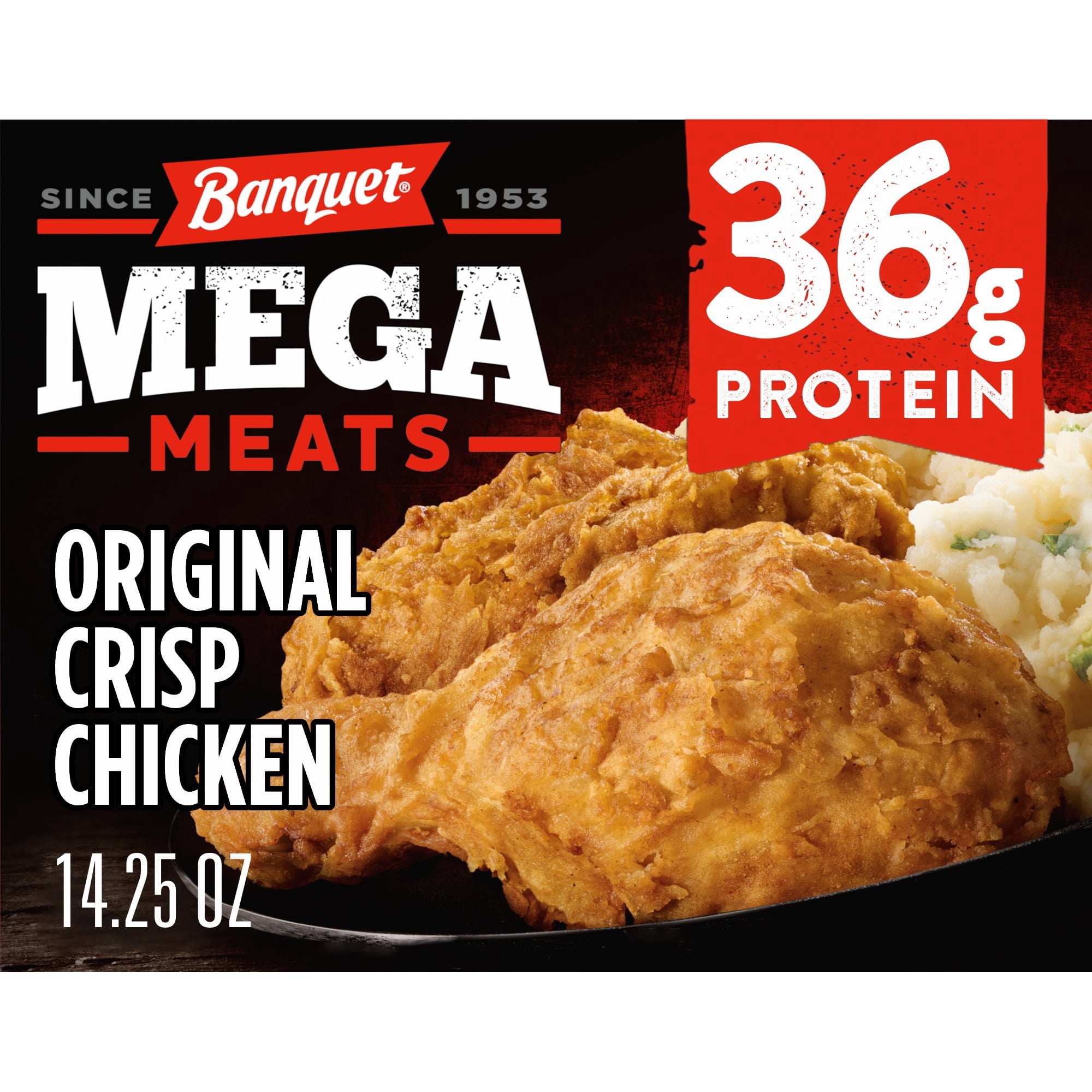 Banquet MEGA Meats Original Crispy Chicken with Mashed Potatoes, 36g Protein, Frozen Meal, 14.25 oz.