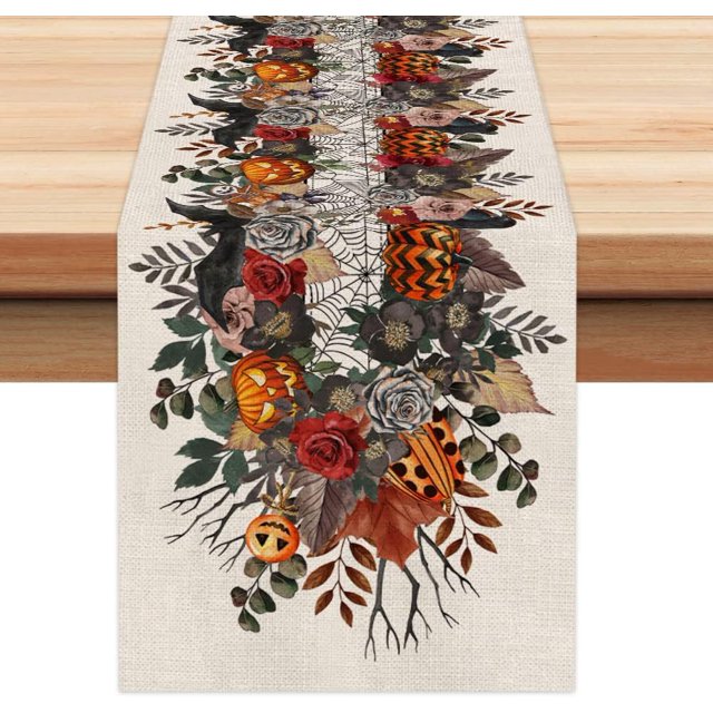 Lino Camino de mesa de Halloween Calabaza Telaraña Calavera Decoración de mesa de comedor Cubierta de mesa de miedo para la decoración de fiesta de cena de Halloween xuanjing unisex