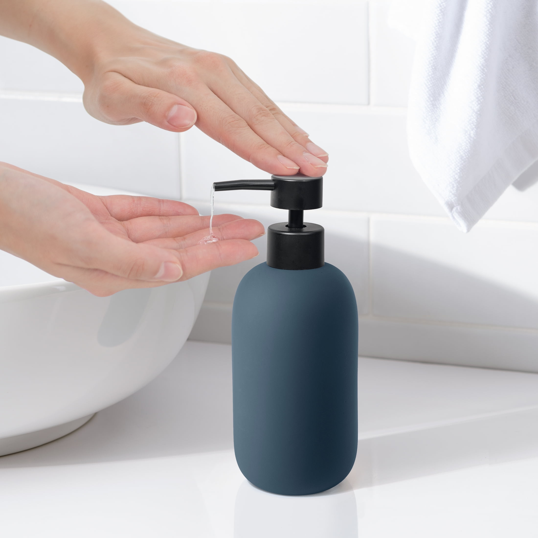 Mainstays Blue Soft Touch Ceramic Lotion Pump Dispenser with Matte Black Pump
