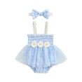 thumbnail image 2 of Aojekbee Baby Girl Summer Outfit, Plaid Daisy Embroidery Sleeveless Shirred Mesh Romper Dress Bow Headband Toddler Set, 2 of 10