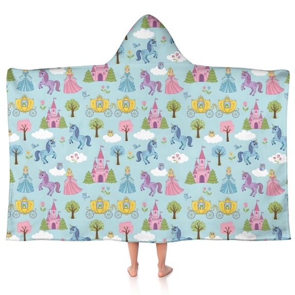 Fairy Tale Princess Castle Pattern Hooded Bath Towel,50"x30" for Ages 3 To 12 Kids, Quick Dry Lightweight Soft Microfiber Hood Beach Towel Cover Up for Kids