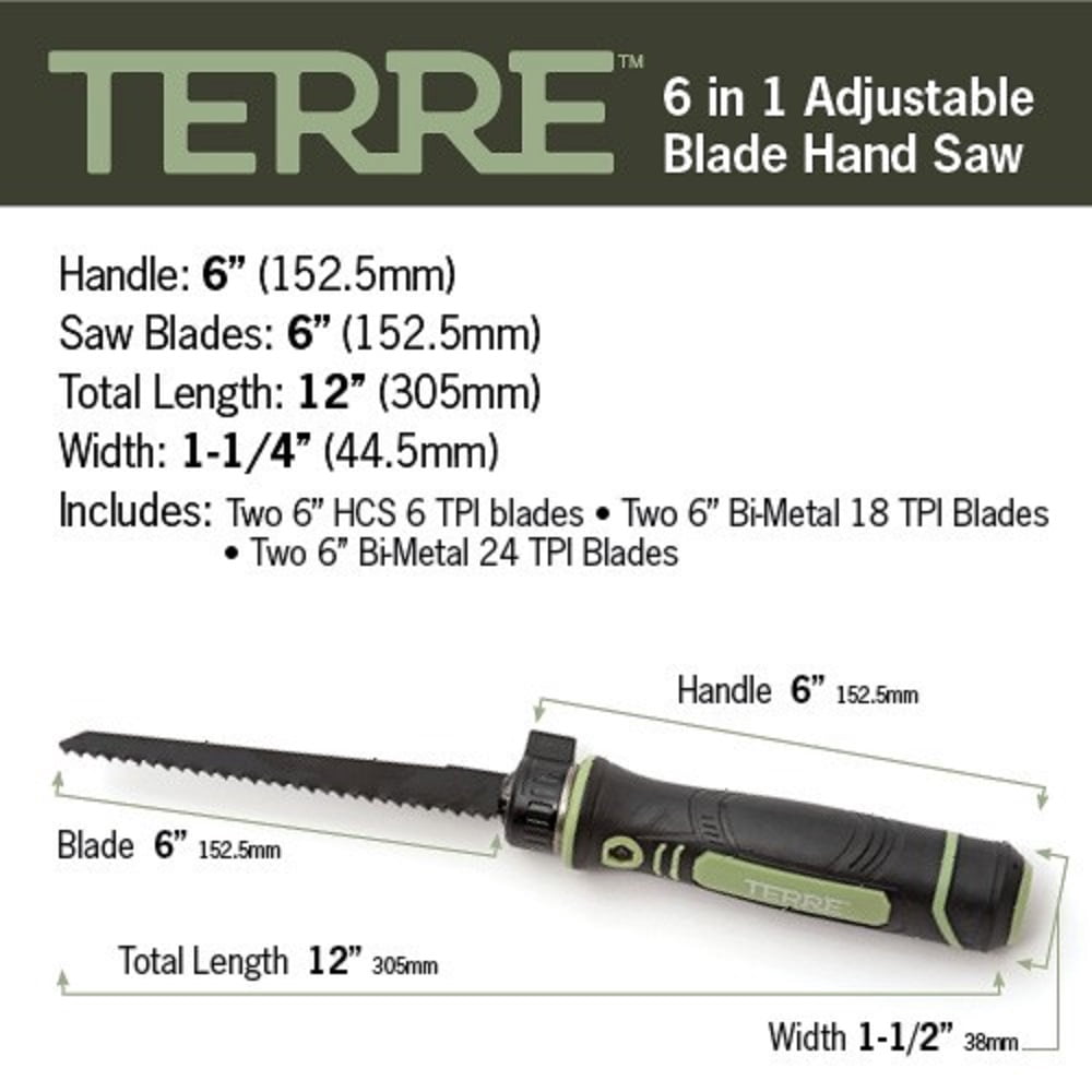 Terre Products, Adjustable Blade Hand Saw, Jab Saw, Drywall Saw, Reciprocating Blades, 2 Wood (6 TPI), 2 Plastic (18 TPI), 2 Bi-Metal (24 TPI), Cuts Metal, Wood, Sheetrock, Plywood, Plastic