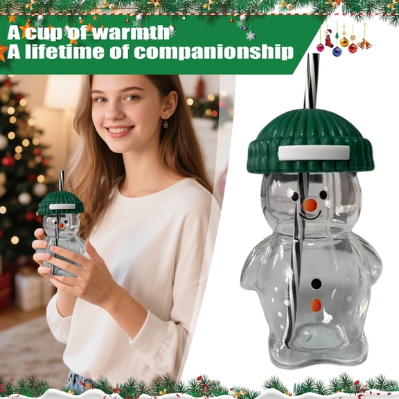 Plyzle Christmas Snowman Cup with Straw - Plyzle 15cm Clear Glass Reusable Drinkware with Lid. Great for Holiday Decor, Party Favors & Festive Gifts. 1-Piece Set.
