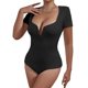 thumbnail image 1 of Women’s Short Sleeve Deep V Neck Bodysuit Tops Solid Color Sexy Slim Fit Stretchy Tshirts Bodysuit Bodycon Jumpsuits Burgundy XL, 1 of 4