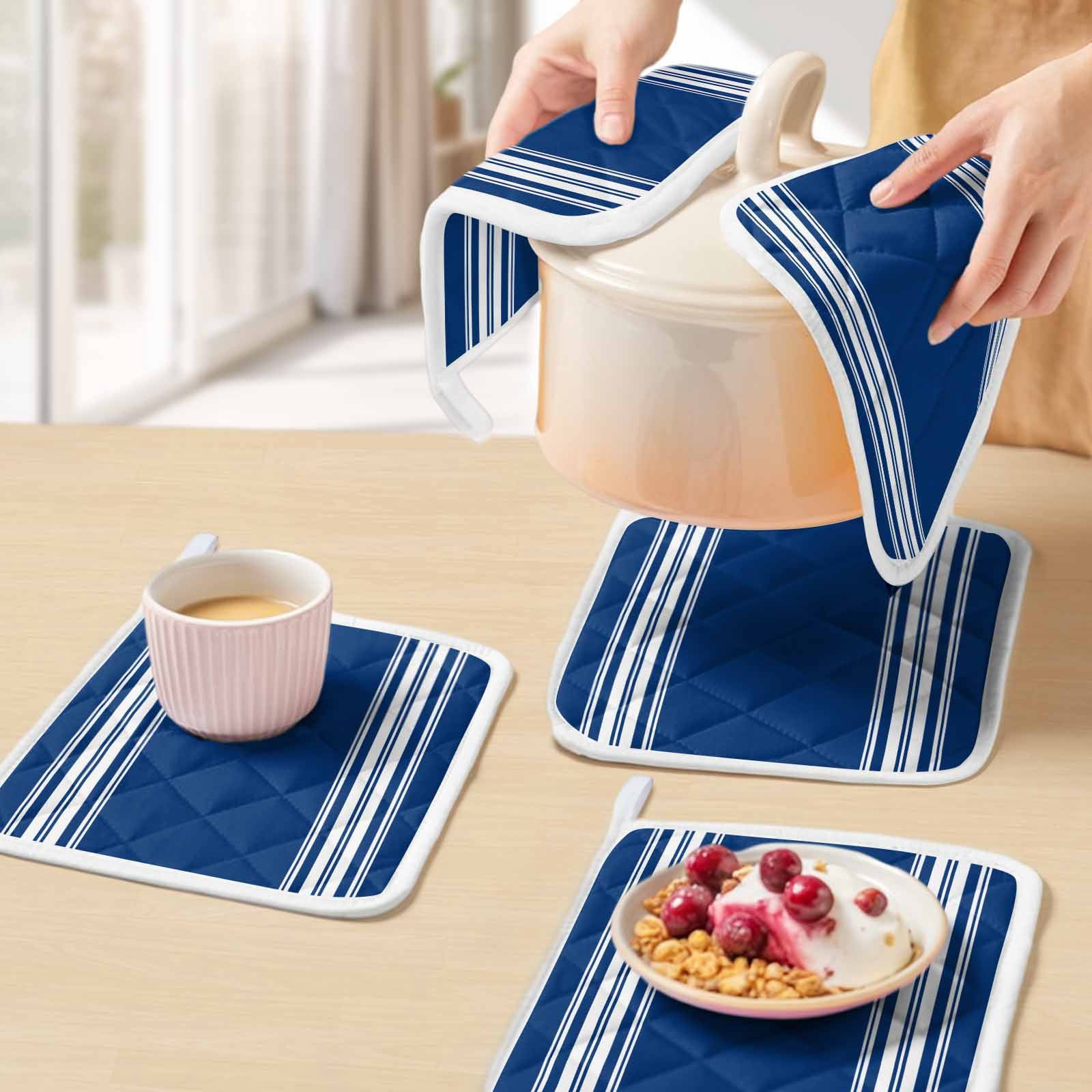 Blue Striped Pot Holders for Kitchen Heatproof Potholder, 3 Pack Farmhouse Blue White Stripes Hot Pads Multipurpose Oven Pads Cloth Potholders Trivet for Cooking Baking