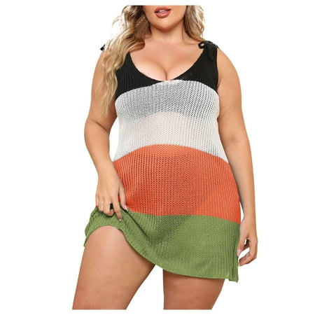 AKAFMK Cover Ups for Swimwear Women Plus Size Women s Swimsuit Crochet Hollow Out Sleeveless Beach Bikini Swimsuit Mesh Cover Up Beach Dress
