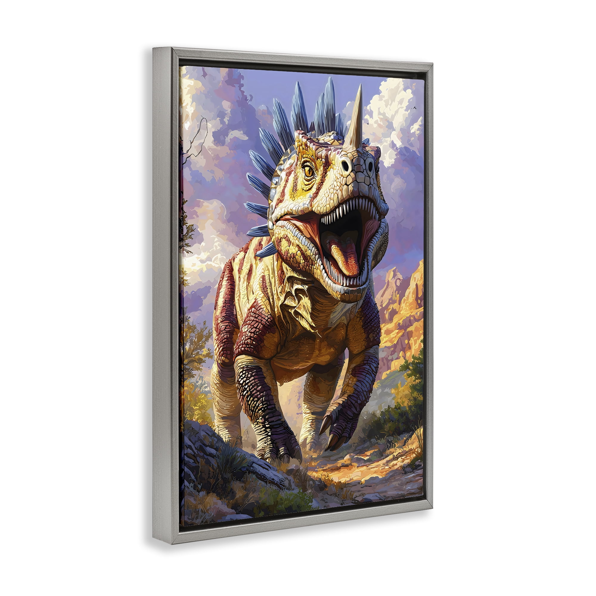 Stupell Industries Fierce Horned Dinosaur Gray Framed Floater Canvas Wall Art, design by Creative Studio