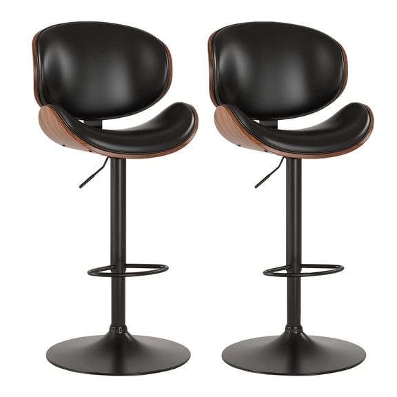 KCC Mid Century Modern Bar Stools Set of 2, Adjustable Swivel Counter Height Bar Chairs with Bentwood Back, PU Leather Upholstered Kitchen Island Stools with Footrest(Black PU)