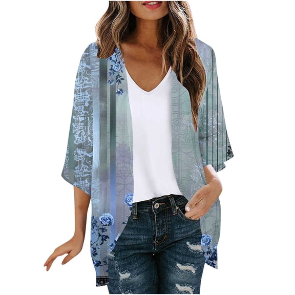 BaoFuBaoMei Chiffon Cardigan for Women Plus Size Lightweight Open Front 3/4 Sleeve Cardigan Printed V Neck Flowy Tops