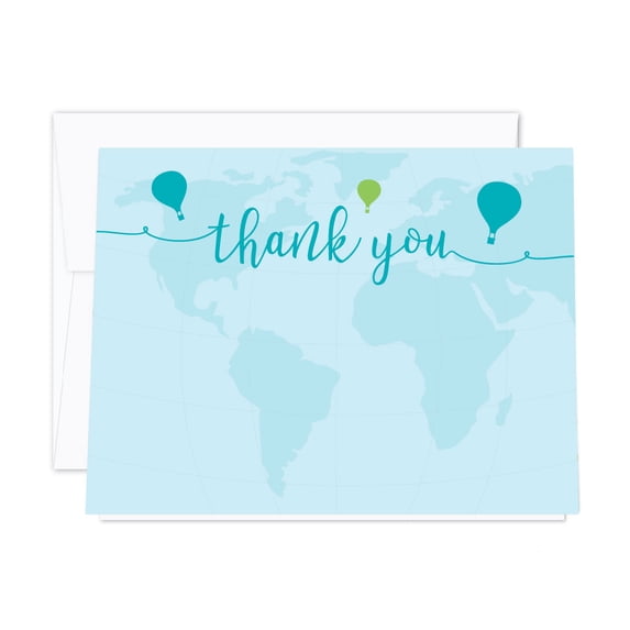 Hot Air Balloon Adventure World Map Party, Blue Green, Blank Thank You Notes with Envelopes, 20-Pack
