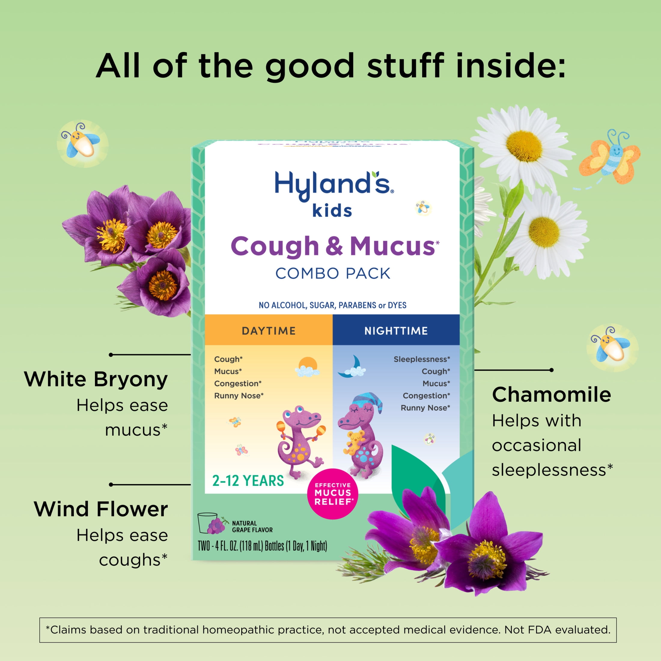(3 pack) Hyland's Kids Cough & Mucus Grape Liquid, Day & Night Combo Pack, 8 fl oz