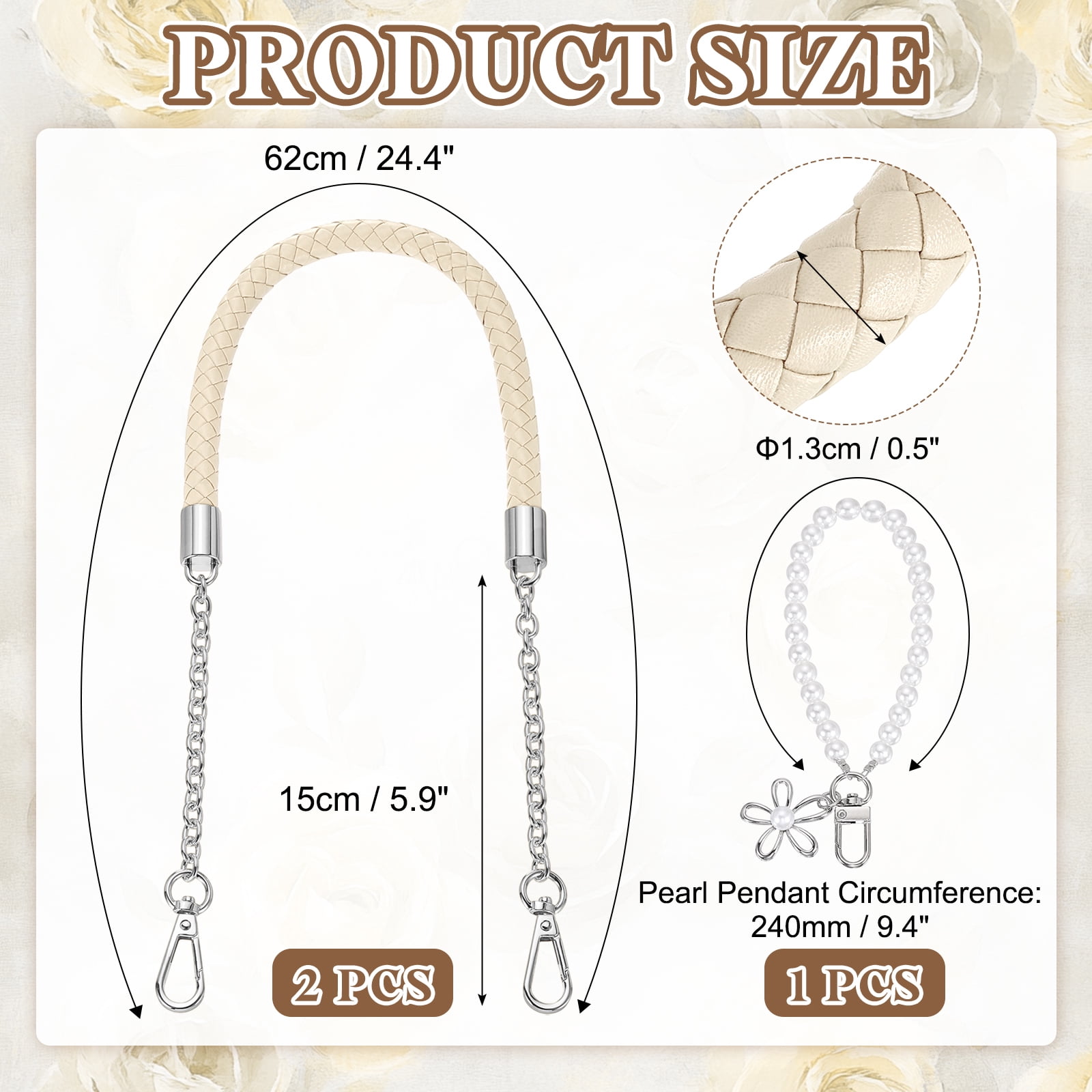 2Pcs PU Leather Chain Purse Strap, 24.4 Inch Braided Purse Handle Replacement with Pearl Pendant for Handbags Underarm Bag Tote (Beige, Silver Buckle)