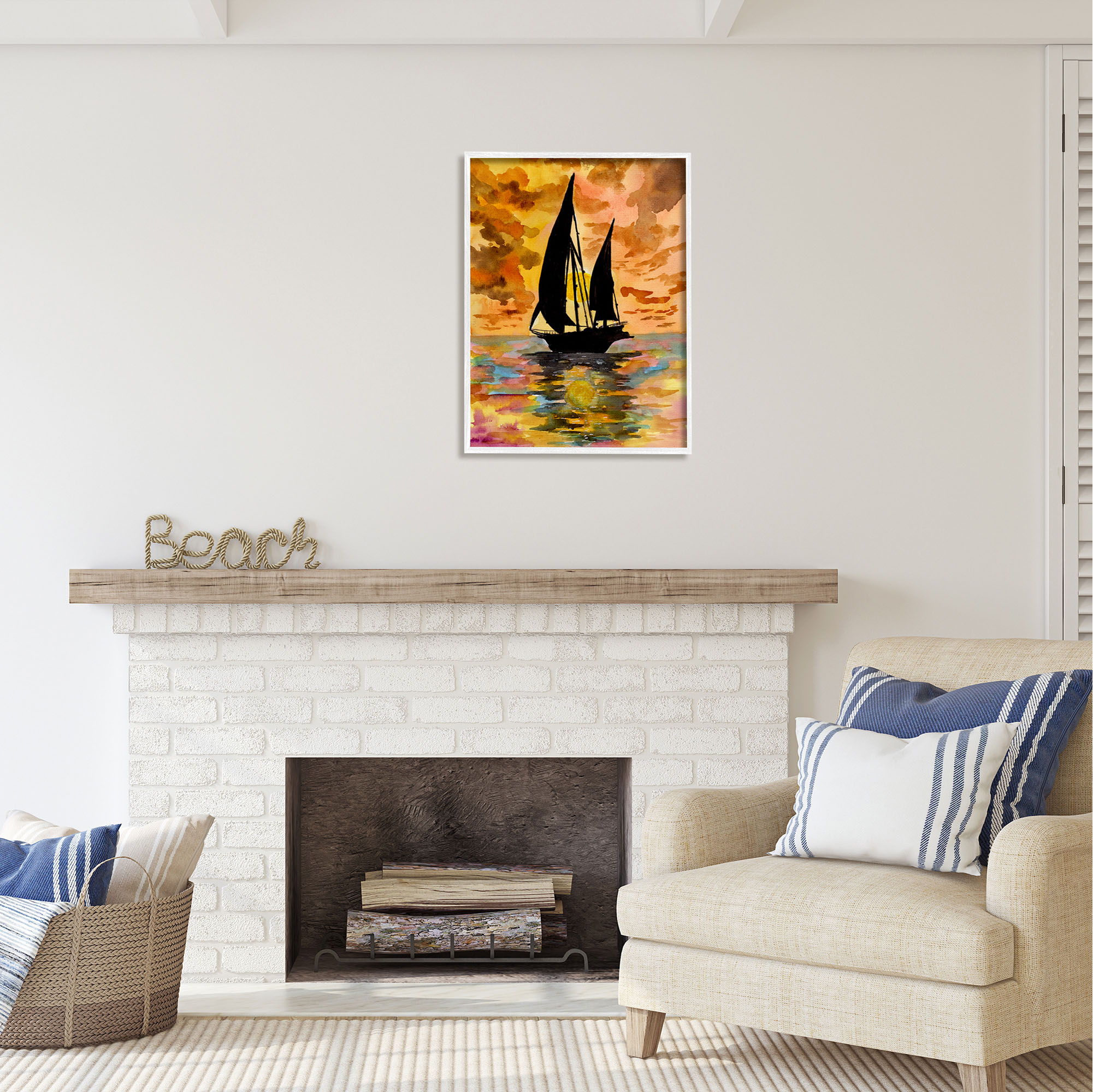 Stupell Industries Sailboat at Sunset Transportation Painting White Framed Art Print Wall Art, 24 x 30