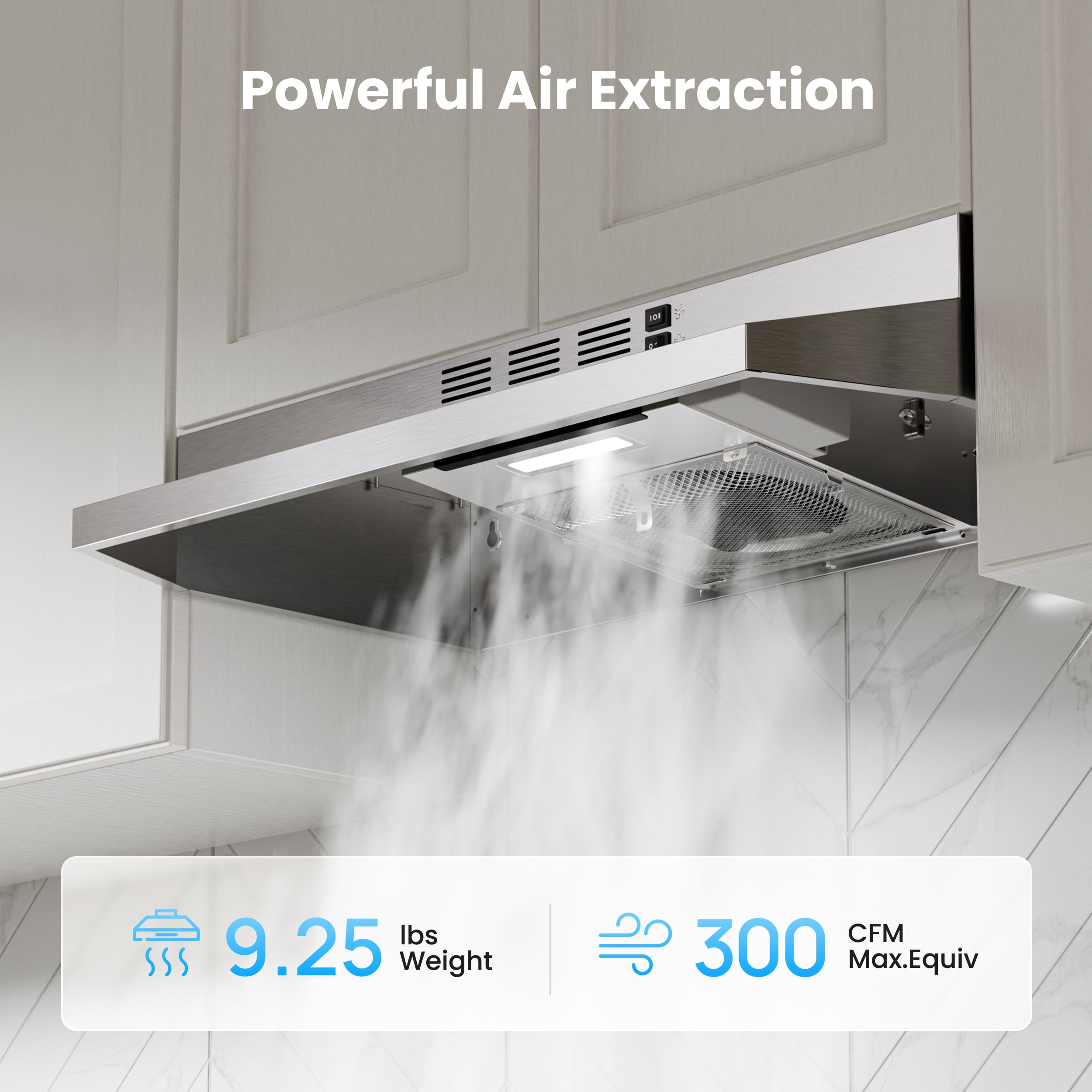 VIKIO 30 in. Under Cabinet Range Hood, 300 CFM, Ducted or Ductless Convertible, Stainless Steel with LED Light and Filters