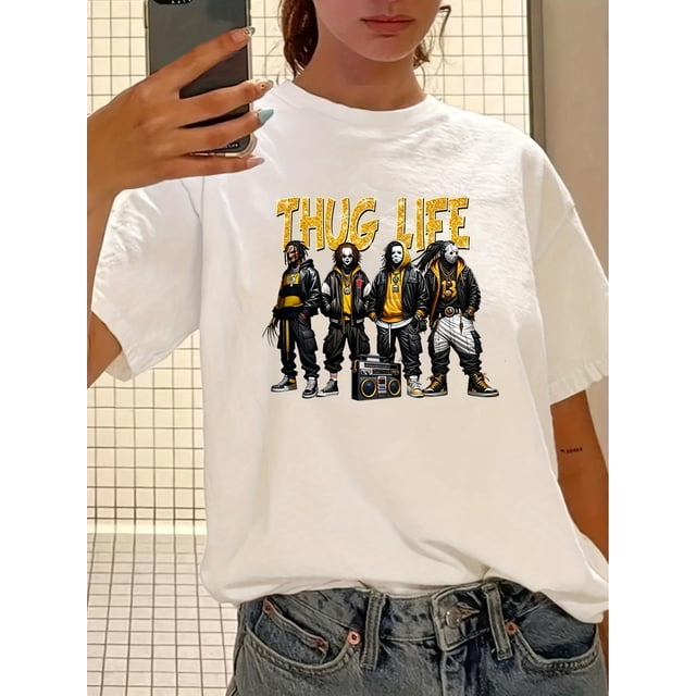 Camiseta de Mujer de Verano SuaveVintage Casual Geometric Print Crew Neck T-Shirt for Women, 100% Polyester Knit Fabric, Short Sleeve Regular Length Top for SummerFather's Day, Mother's Day, New Yea
