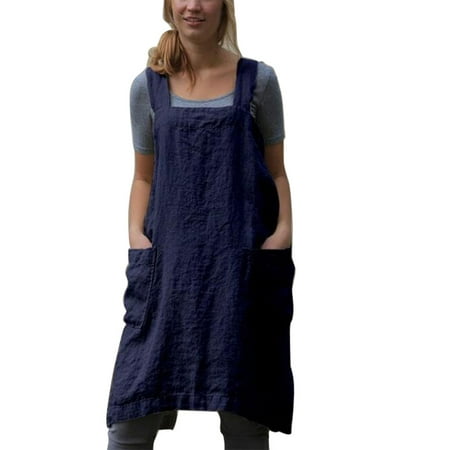 

Cotton Linen Bib Apron Cross Bandage X Shape Back with 2 Pockets Plus Size Cooking Kitchen Aprons for Women Men Chef