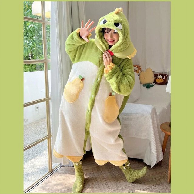 Kigurumi-Pijama de dinosaurios para mujer, ropa de casa de felpa suave, ropa de dibujos animados Kawaii para adultos, bata de noche, disfraz de Cosplay de Navidad
