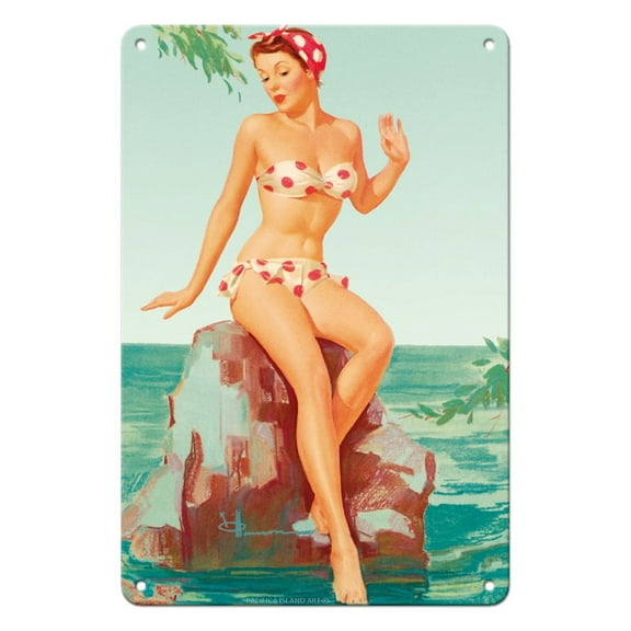 Polka Dot Bikini - Vintage Pin Up Girl Poster by Knute O. Munson c.1940s - 8 x 12 inch Vintage Metal Tin Sign