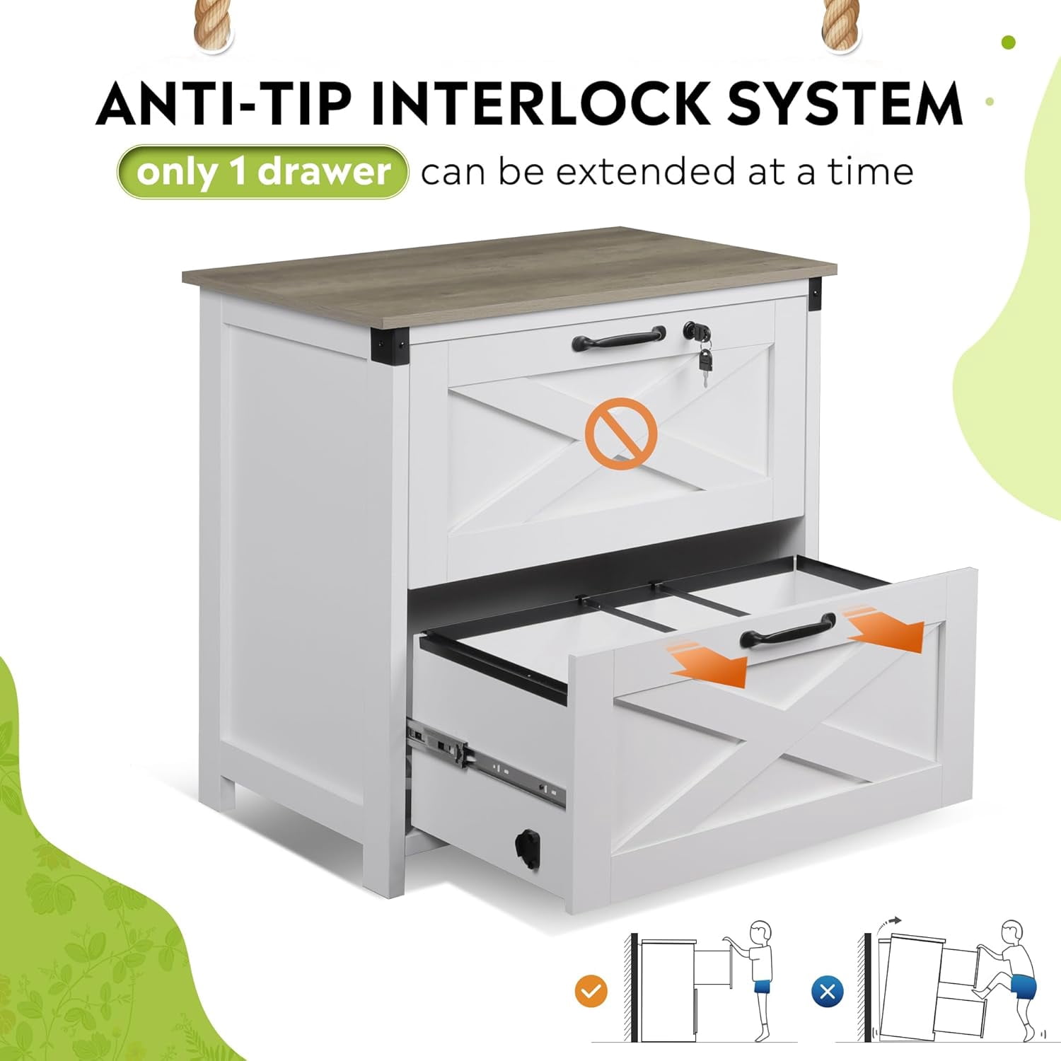 2 Drawer Farmhouse File Cabinet with Lock, Lateral Filing Cabinet for Letter/Legal/A4 Size, Wood Printer Stand for Home Office, White