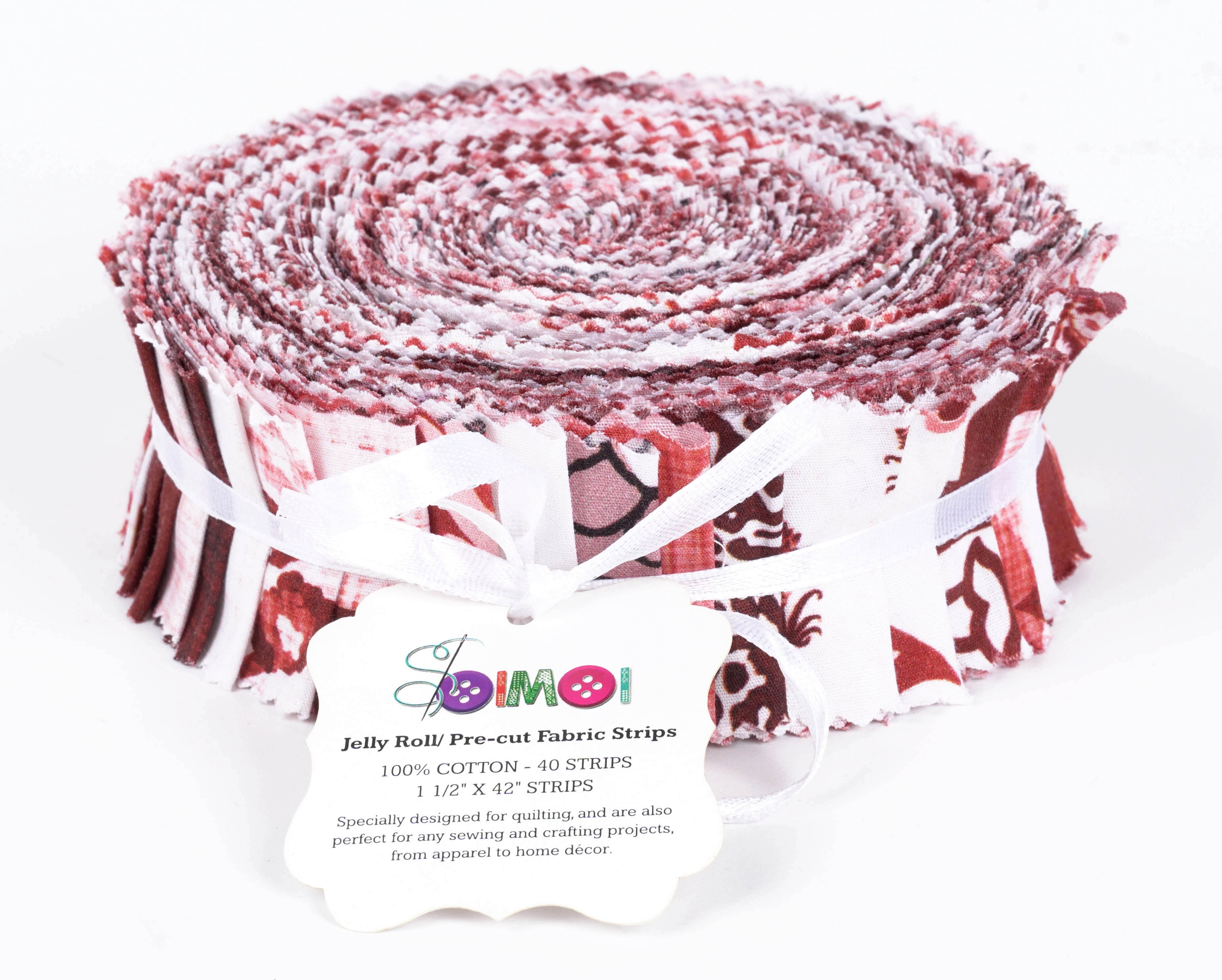 Soimoi 40Pcs Block Print Precut Fabrics Strips Roll Up 1.5x42inches Cotton Jelly Rolls For Quilting - Red