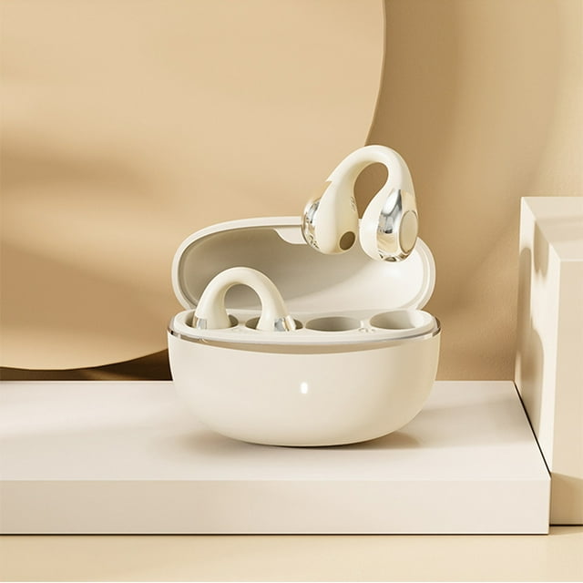 Auriculares inalámbricos Bluetooth 5.4 Earclip | Diseño de clip de oreja abierta | Reducción de ruido de micrófono dual | Batería alta | Baja latencia | Sonido estéreo | Alcance de 10 m | Beige
