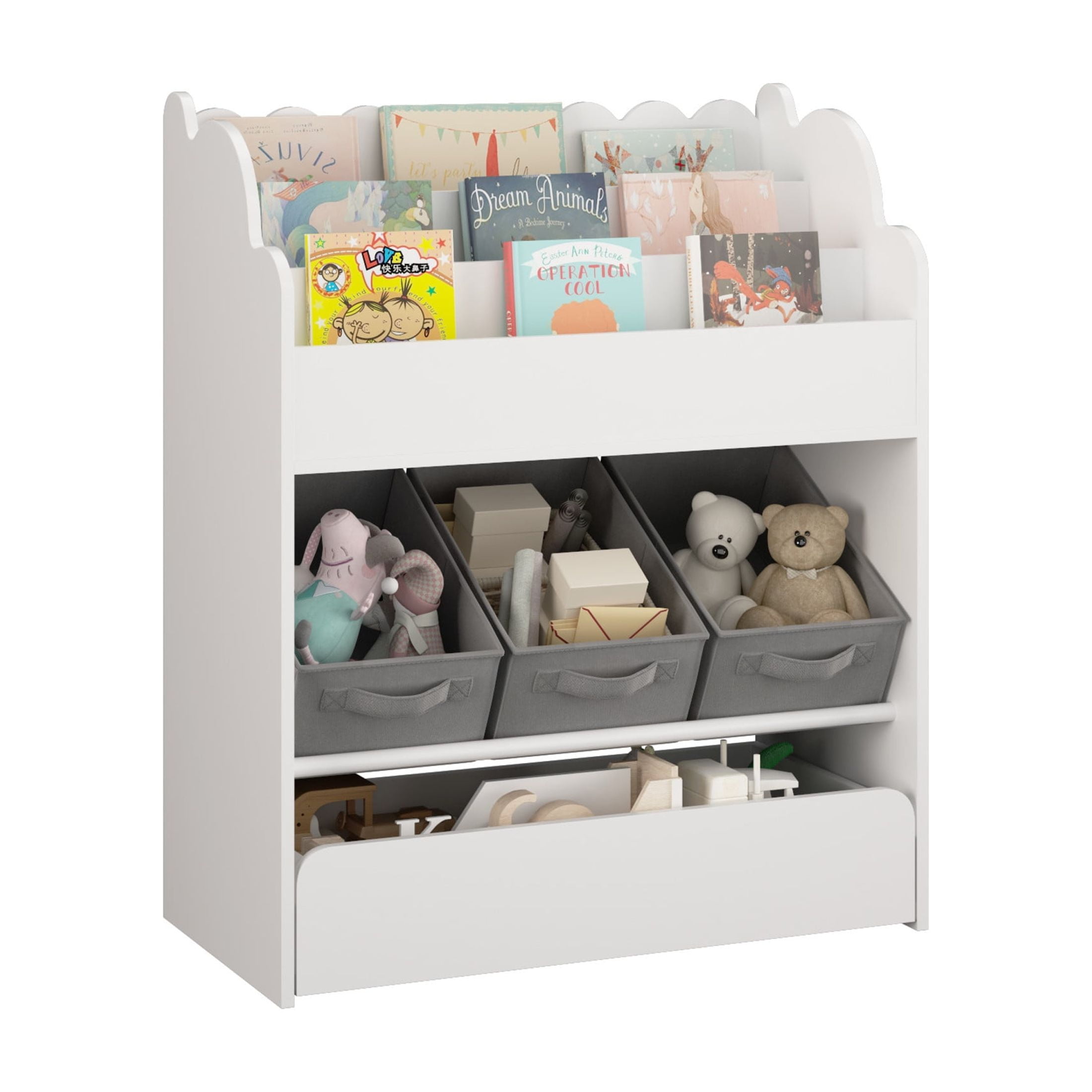 Noble House Kids Bookshelf with Storage Bins and Drawer, Multi-Functional Bookcase for Toys, Books and Nursery, White