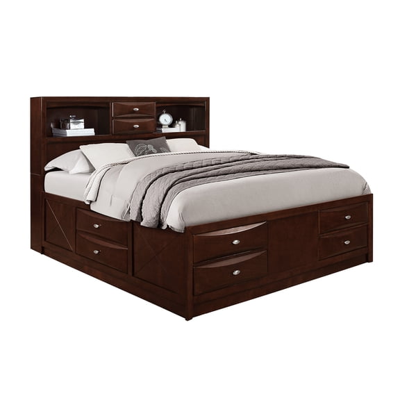 Modern King Bed With Bookcase Headboard And 6 Storage Drawers - No Box Spring Requirement, Fully Slatted, Walnut Wood Frame Size Chambered Drawer Spring, Bedroom Peculiarity