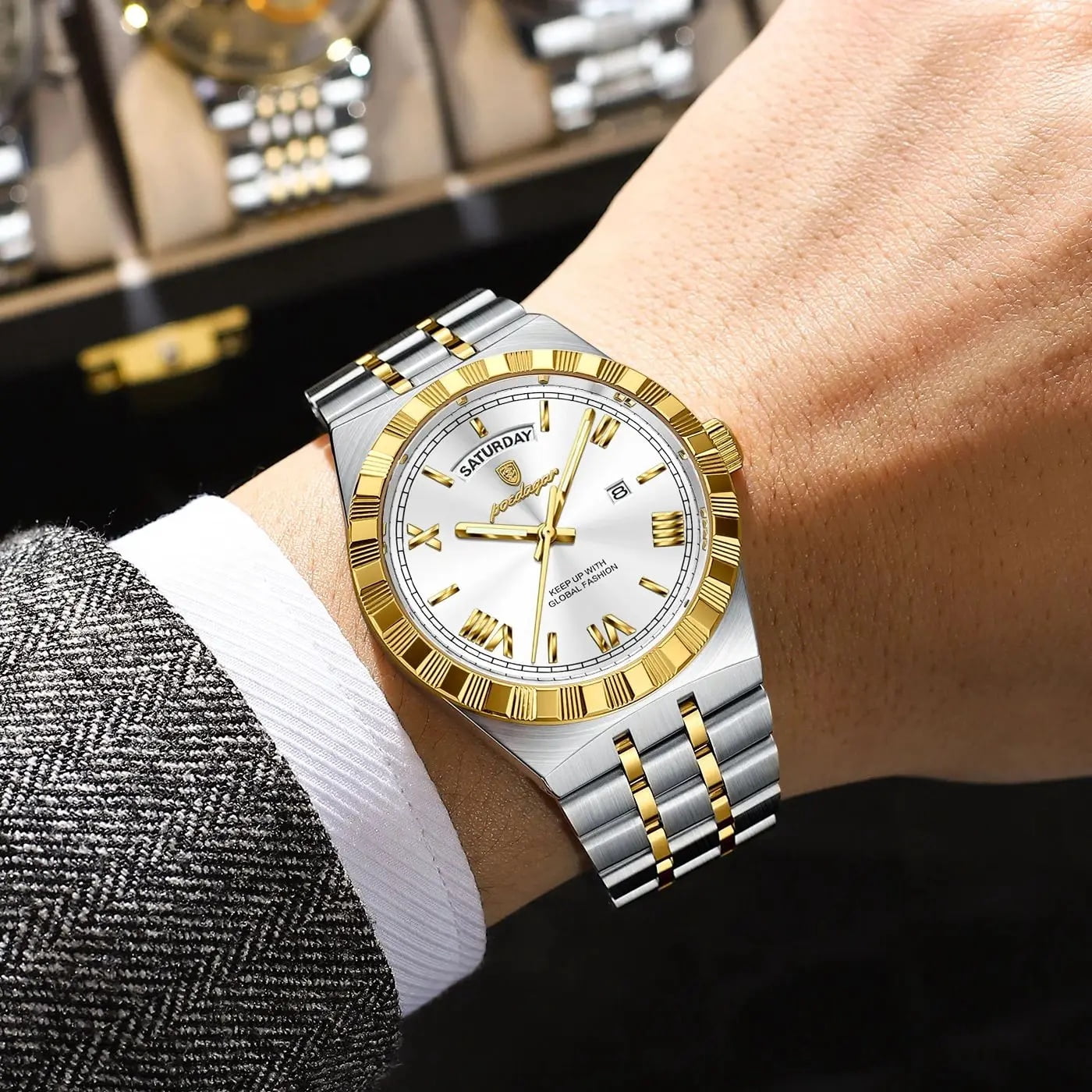 POEDAGAR Luxury Men's Waterproof Luminous Wrist Watch with Date Week Display Stainless Steel Strap