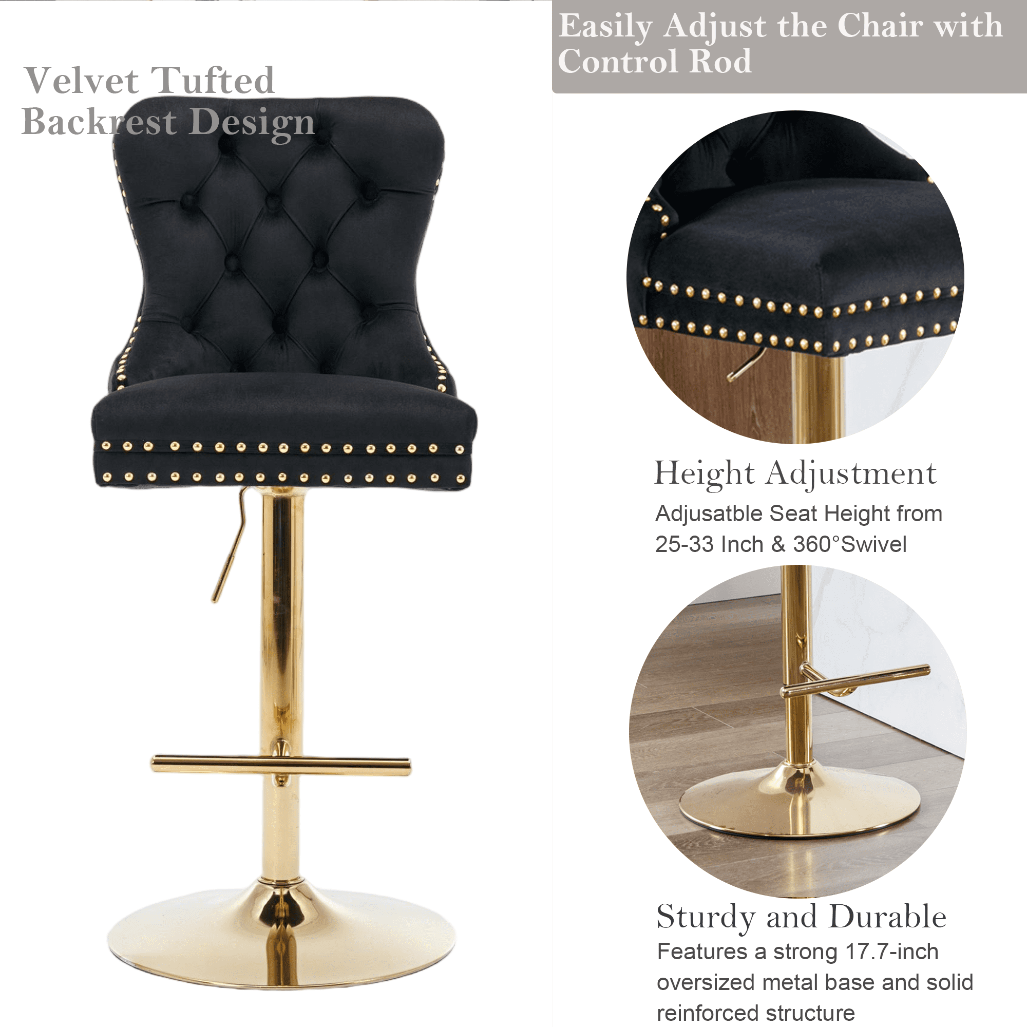 4-Piece Velvet Swivel Bar Stools, Adjustable Counter Height Dining Bar Chairs with Tufted Backrest and Nailhead Trim for Kitchen Island （Black with Gold Leg）
