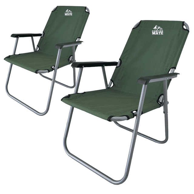 2 silla plegable de playa camping exterior CJR verde, conjunto portátil con estructura tubular gris y asiento de lona verde, apoyabrazos negros y logo blanco en el respaldo, vista frontal en ángulo mostrando ambas sillas desplegadas; también adecuada para eventos al aire libre.