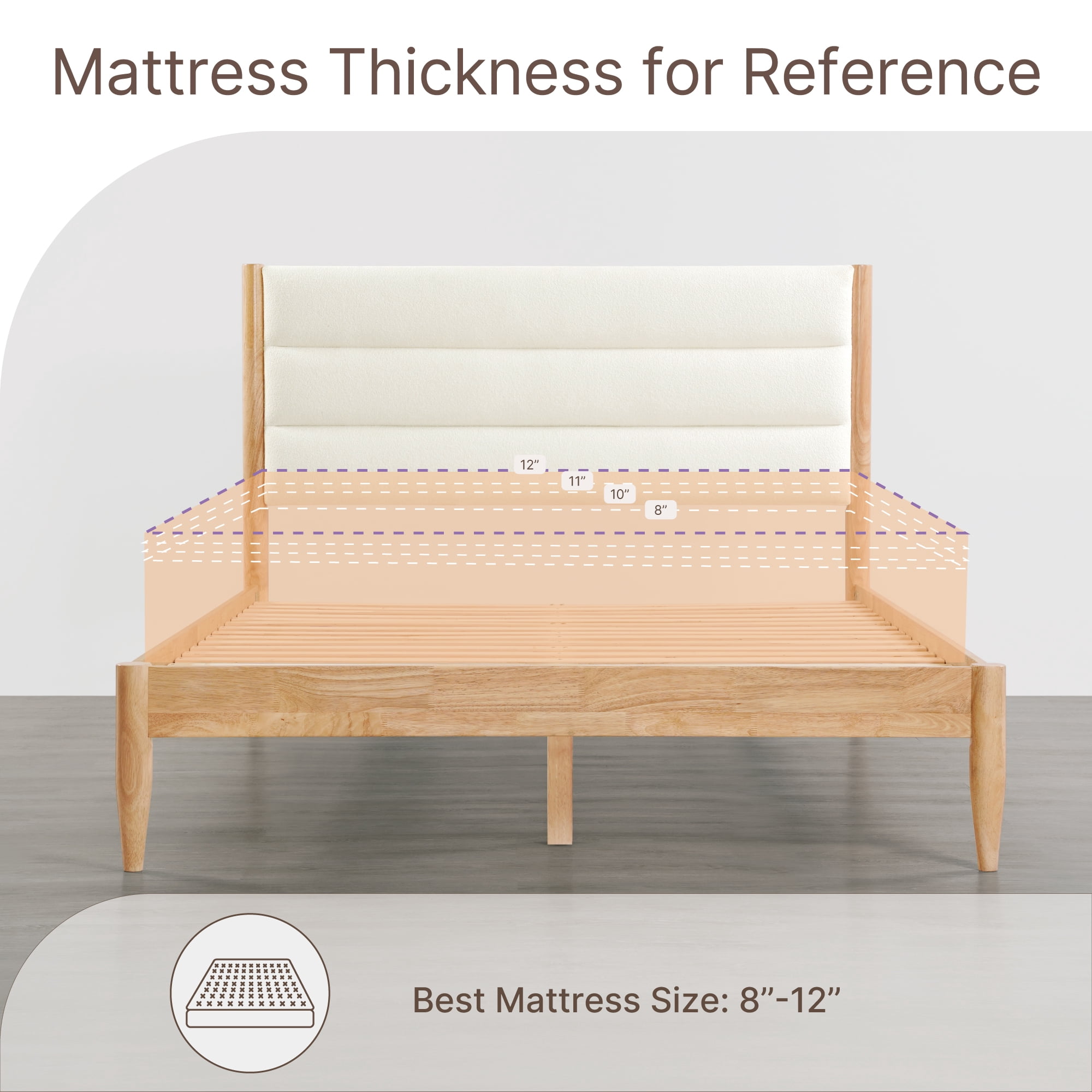 Spruce & Spring Farmhouse King Upholstered Bed Frame, Solid Rubberwood Frame, Cream Boucle Headboard, Noise-Free, No Box Spring Required, Walnut & Cream