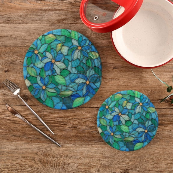 Wobogo Light Blue Green Glass Trivets Potholders Set of 2 Cotton Woven Round Hot Plate Mats for Hot Dishes Bowls Teapots