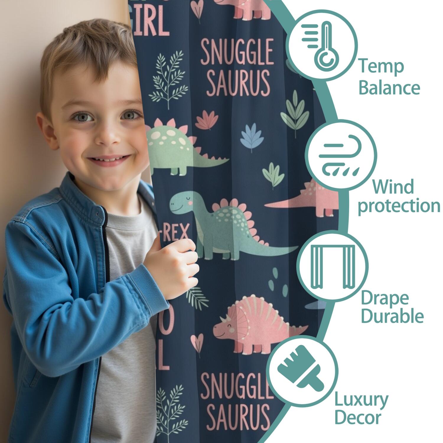 Blackout Kids Curtains,Dark Blue Girl Themed Dinosaurs Pattern Childrens Insulated Curtains Set Of 2,Bedroom Essentials,Toddler Room Decor 42"x63"