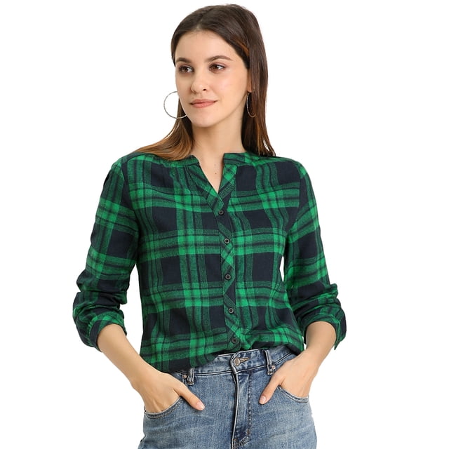 INSPIRE CHIC Camisa vintage abotonada para mujer Blusa a cuadros con cuello dividido Tops Verde oscuro S