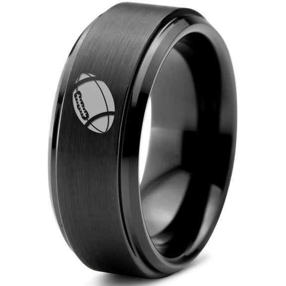 Tungsten American Football Ball Band Ring 8mm Men Women Comfort Fit Black Step Bevel Edge Brushed Polished