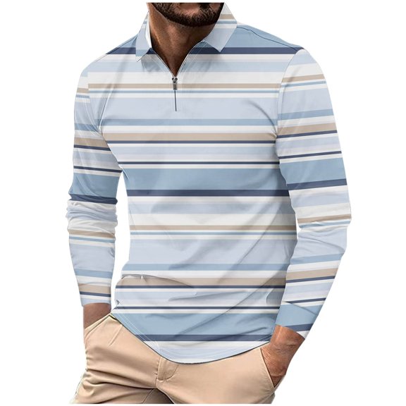 Eltusu Men's Polo Shirts with Collar, Pullover Zip Up Striped Comfy Long Sleeve Shirts Sky Blue Size 2XL