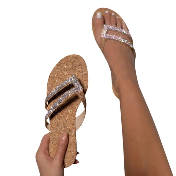 Modstep Women's Rhinestone Flip Flops Fashion Summer Beach Travel Flat Sandal Indoor Outdoor Walking Thong Slip on Slides Brown 7.5