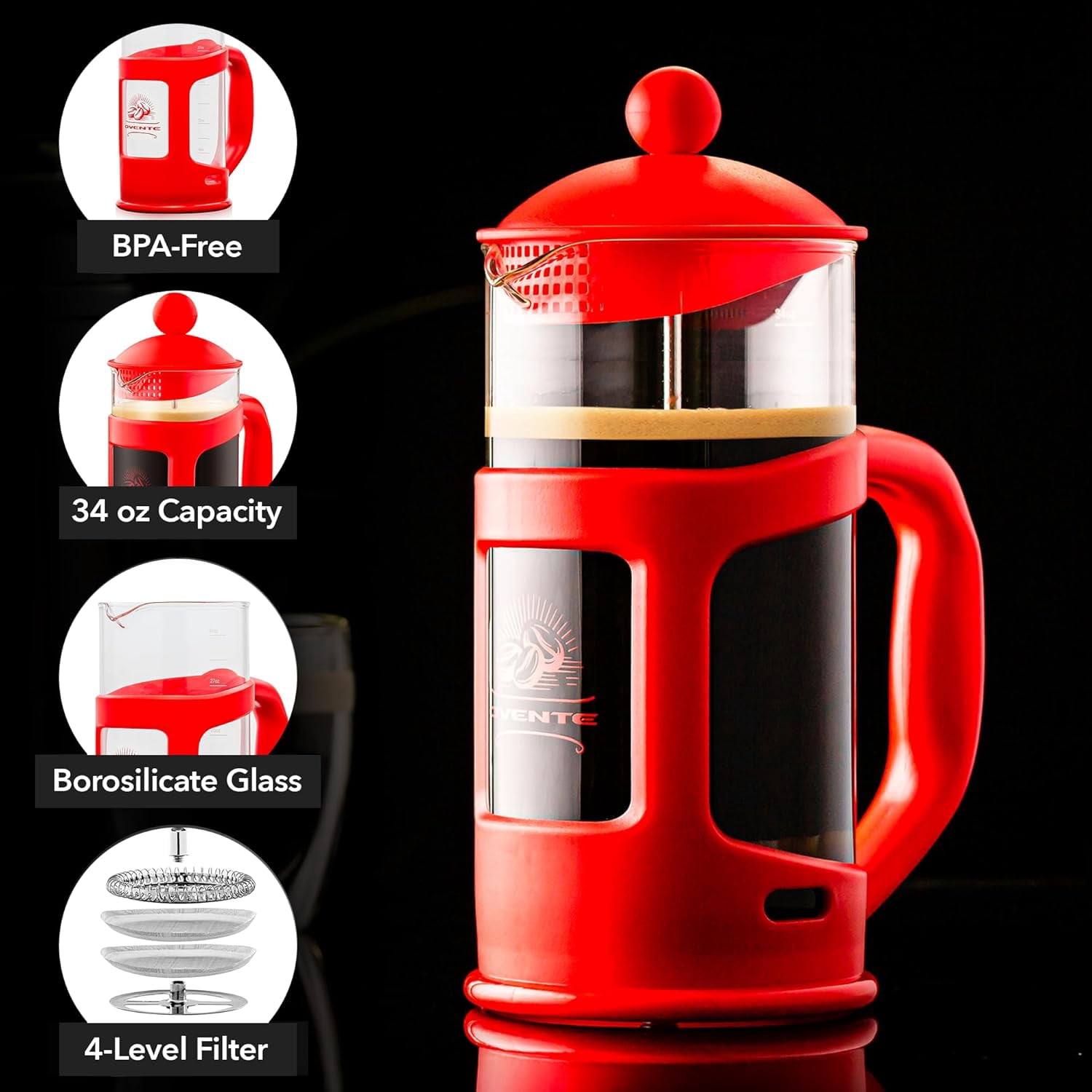 OVENTE French Press Coffee Maker 34 Ounce with Heat Resistant Borosilicate Glass & Stainless Steel 4-Level Filtration System, Portable Cold Brew Coffee Maker for Travel, Camping or Gift, Red FPT34R